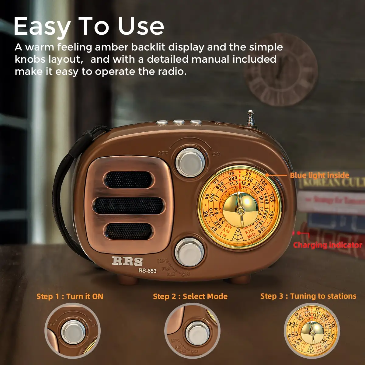 Портативное ретро радио PRUNUS Bluetooth колонка AM и FM с перезаряжаемой батареей