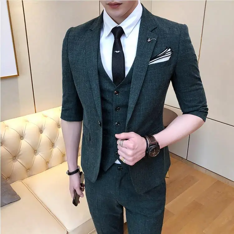 

(Jacket+Vest+Pants) Men's Wedding Dress,2019 New Style Mens Fashion Wool Suit Men Short Sleeve Wedding Suits Man Three Pieces