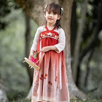 

Chinese Girl Traditional Costume Hanfu Stage Dance Goldfish Print Dress New Year Oriental Pricness Fairy Retro Dress for Kids