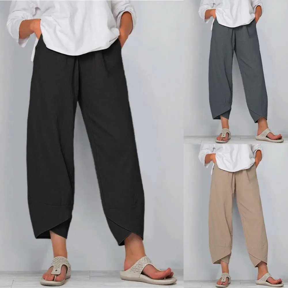 New Women Solid Color Pocket Irregular Hem Loose Cropped Pants Cotton ...