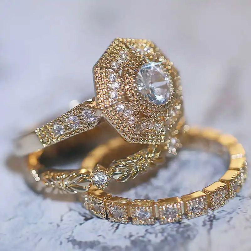 

3pcs/set Size 6-10 for Women Wedding Rings Jewelry Yellow Gold Color Ring