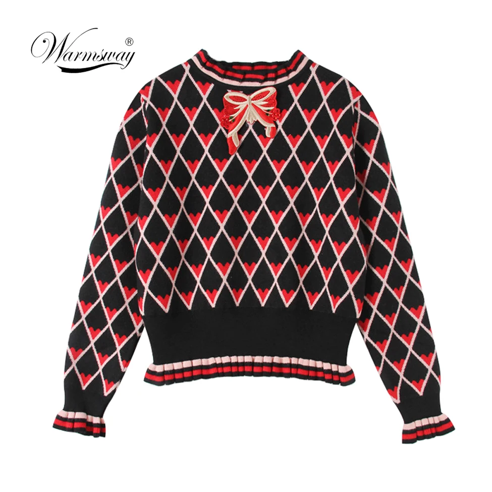 Warmsway pull femme 2019 New Winter Turtleneck High Waist Bow Embroidery Knit Sweater Women Argyle Heart Pattern Top C-304
