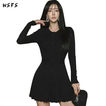 

Spring Dress Women Elegant Vintage Knitted Black Dresses Korean Sexy Party Big Size Bodycon Bandage Mini Pleated Clothes Vestido