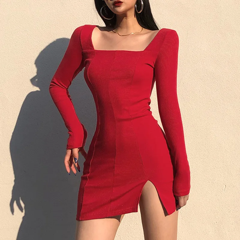 Women's Sexy Knit Bodycon Dress Gothic Square Neck Long Sleeve Mini Sweater Dress Rave Festival Clubwear Slim Dress sweater dress