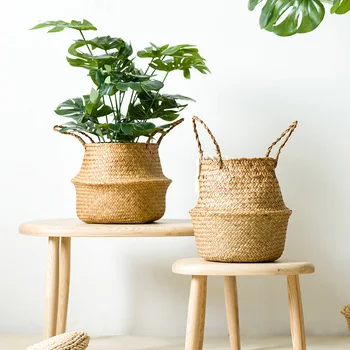 

Seagrass Wickerwork Basket Household Storage Foldable Natural Woven Storage Basket Pot Garden Flower Vase Hanging Wicker Basket