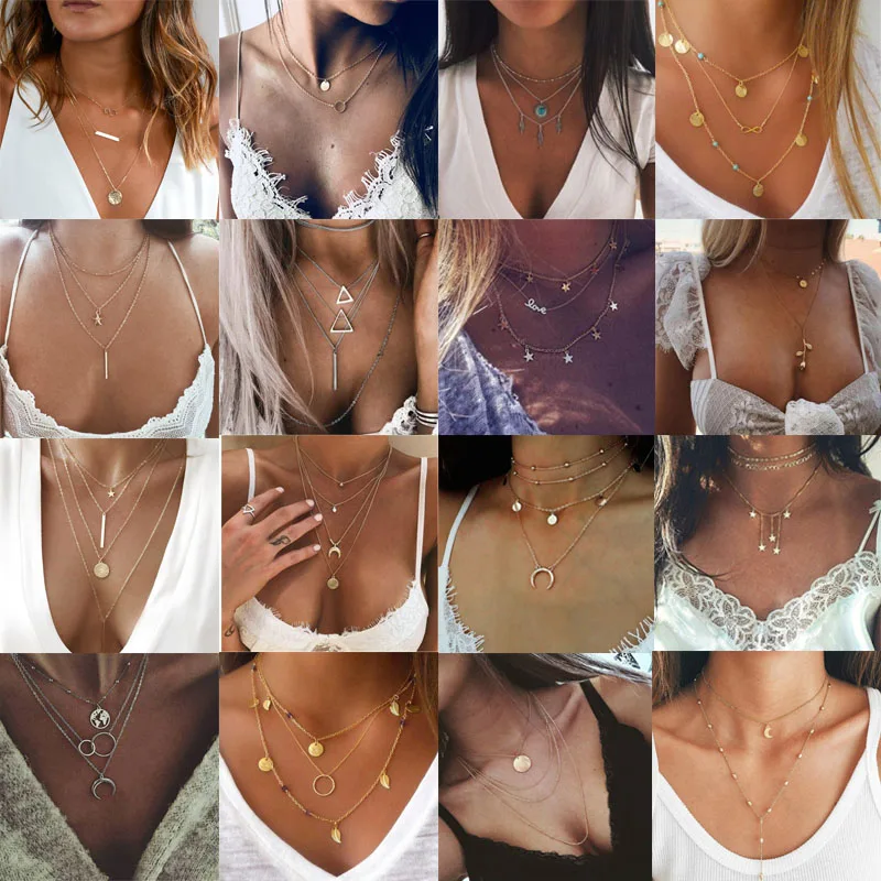 New Fashion Long Necklace Layered Chain Choker Sliver Gold Color Korean Wedding Pendant Necklaces For Women Girl Gift Jewelry