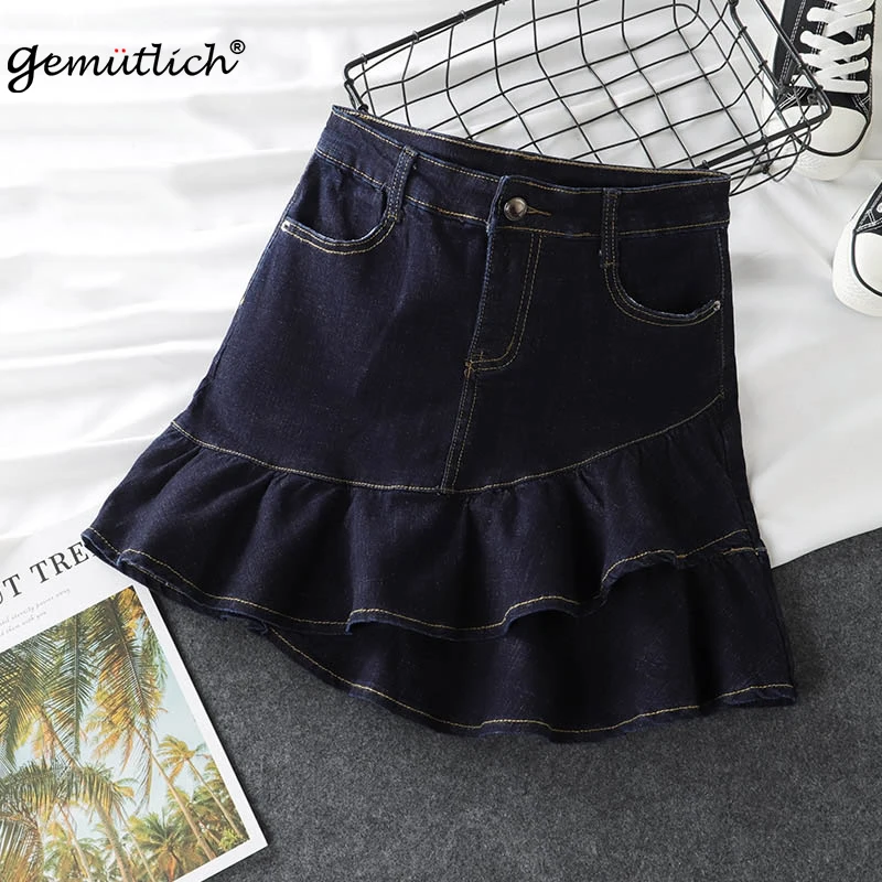 Gemutlich Plus Size S-9XL Women Denim A-Lined Mini Skirt Jeans Ruffles Bodycon with Lining High Waist New Summer | Женская одежда