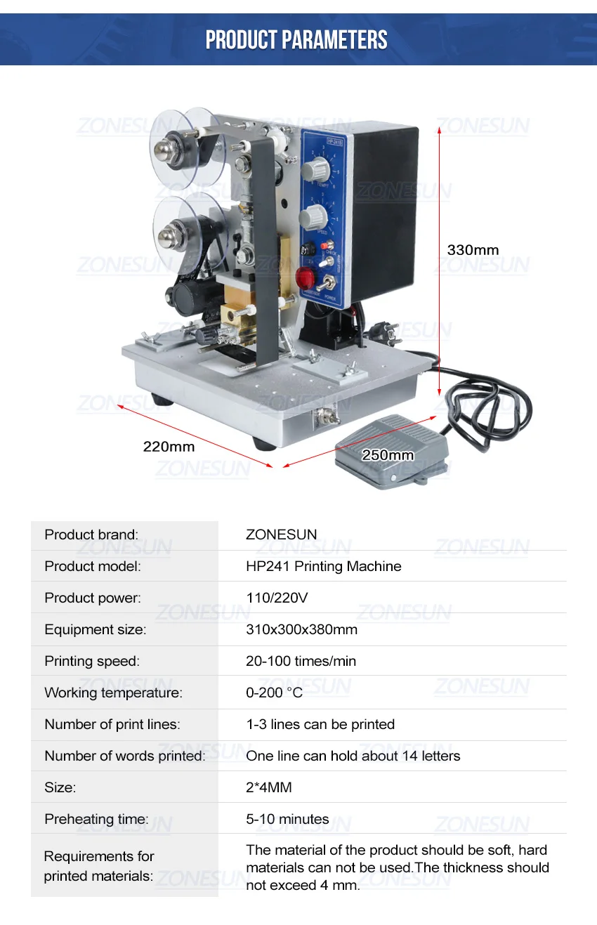 ZONESUN HP-241B Semi-automatic Electric Hot Stamp Ribbon Code Printing Machine