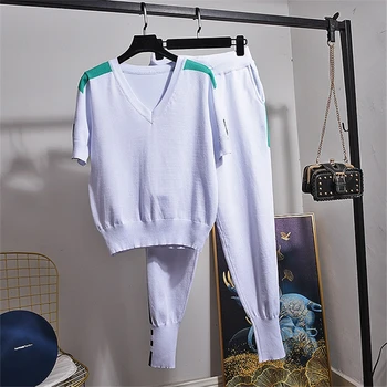 

Summer knitted Ice silk Two Piece Set Women korean Fashion Clothing Short sleeve T-shirt + Casual Pants Women's Sets Tide H205