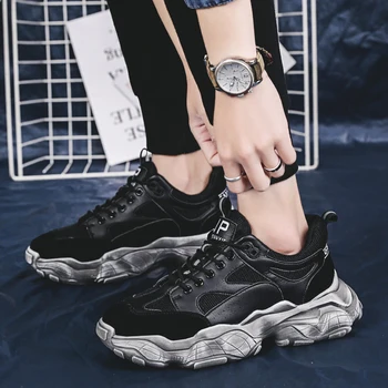 

2019 New Men Casual Shoes Chunky Sneakers Height Platform Mens Shoes Black White Male Adult Lace Up Zapatos De Hombre F4-20
