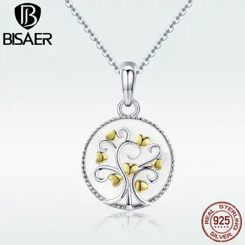 

BISAER Shell Necklace 925 Sterling Silver Biocolor Gold Color Heart Tree of Life White Shell Pendant Necklace for Women GXN296