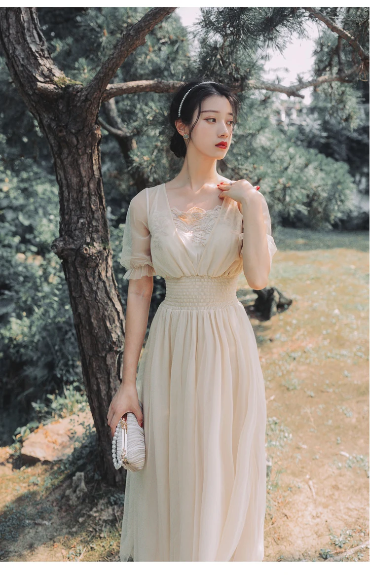 YOSIMI V-Neck Short Sleeve Chiffon Long Women Dress Summer Vintage Maxi Empire Beige Lace Ladies Party Dress Ankle-length
