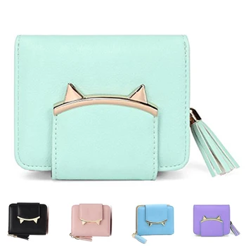 

Women Cute Cat Mini Wallet Design Coin Purse leather Wrist Strap green