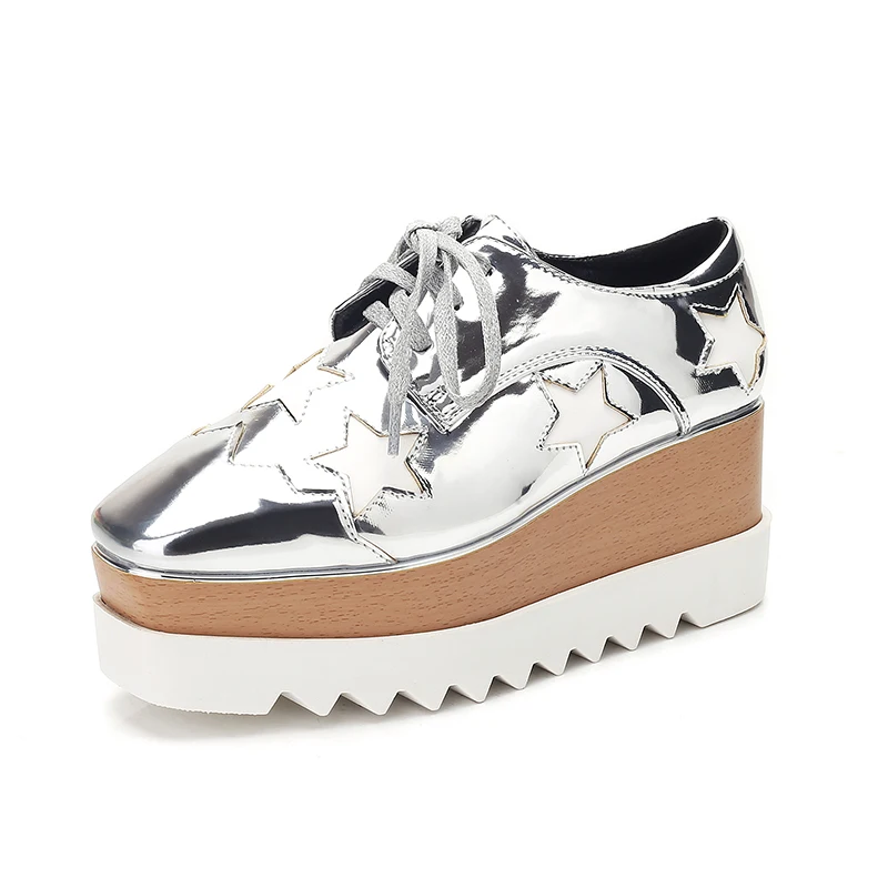 Zapatos informales con plataforma plana para mujer, calzado de charol y estrellas, con cordones, a la moda, primavera 2020
