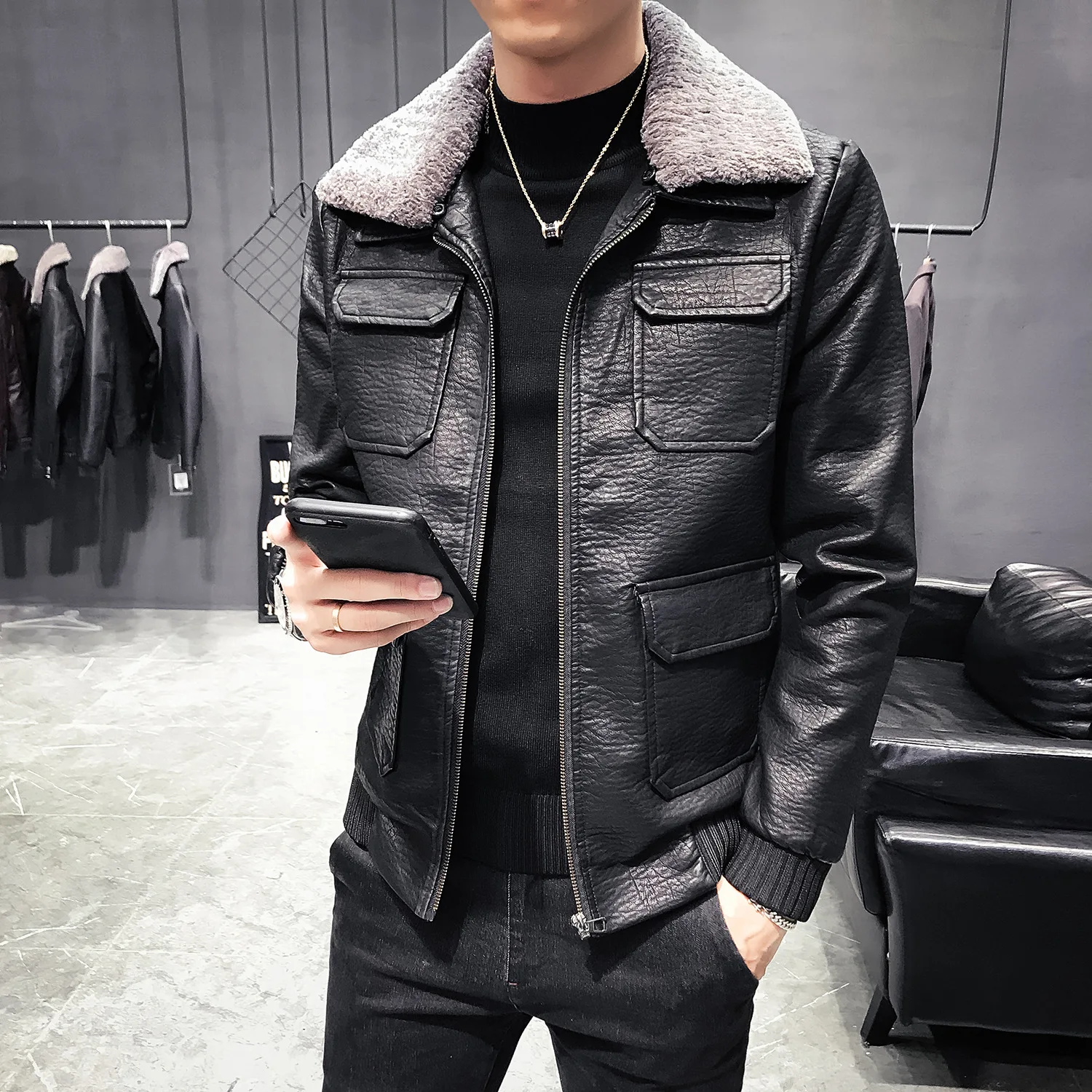 

Large Fur Collar Slim Fit Short Leather Coat Men's Business Casual Leather Jacket Multi-pockets Workwear Faux Leather Coat Fur C