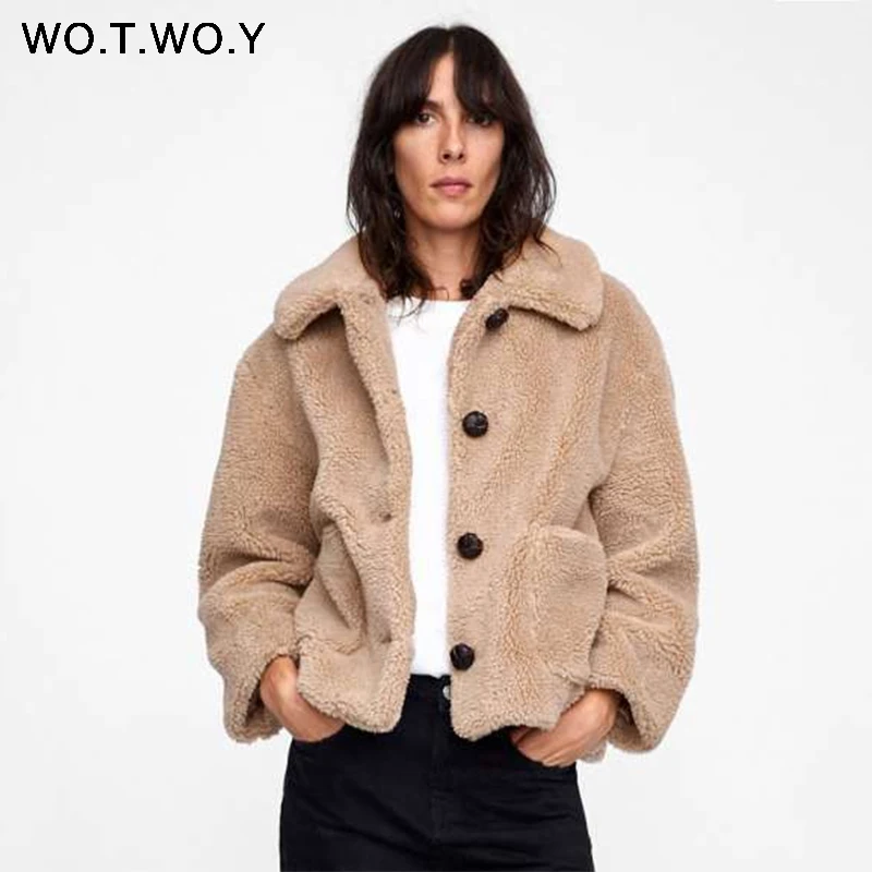 

WOTWOY Autumn Winter Artificial fur Jacket Women 2019 Turn Down Collar Buttons Double-breasted Women Coat Casual Jaket Women
