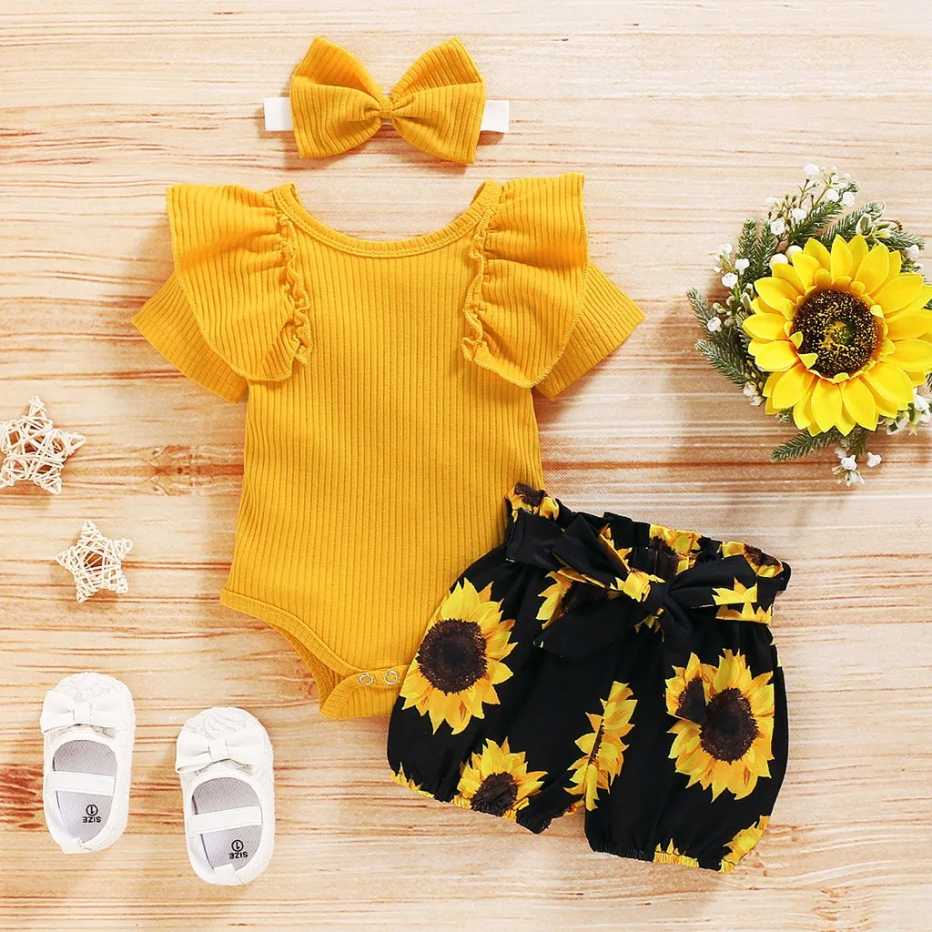 3Pcs Newborn Summer Baby Girls Clothes Set Toddler Button Romper New Born Infant Cute Outfit Ruffle Short Sleeve Shorts Headband newborn baby clothing set