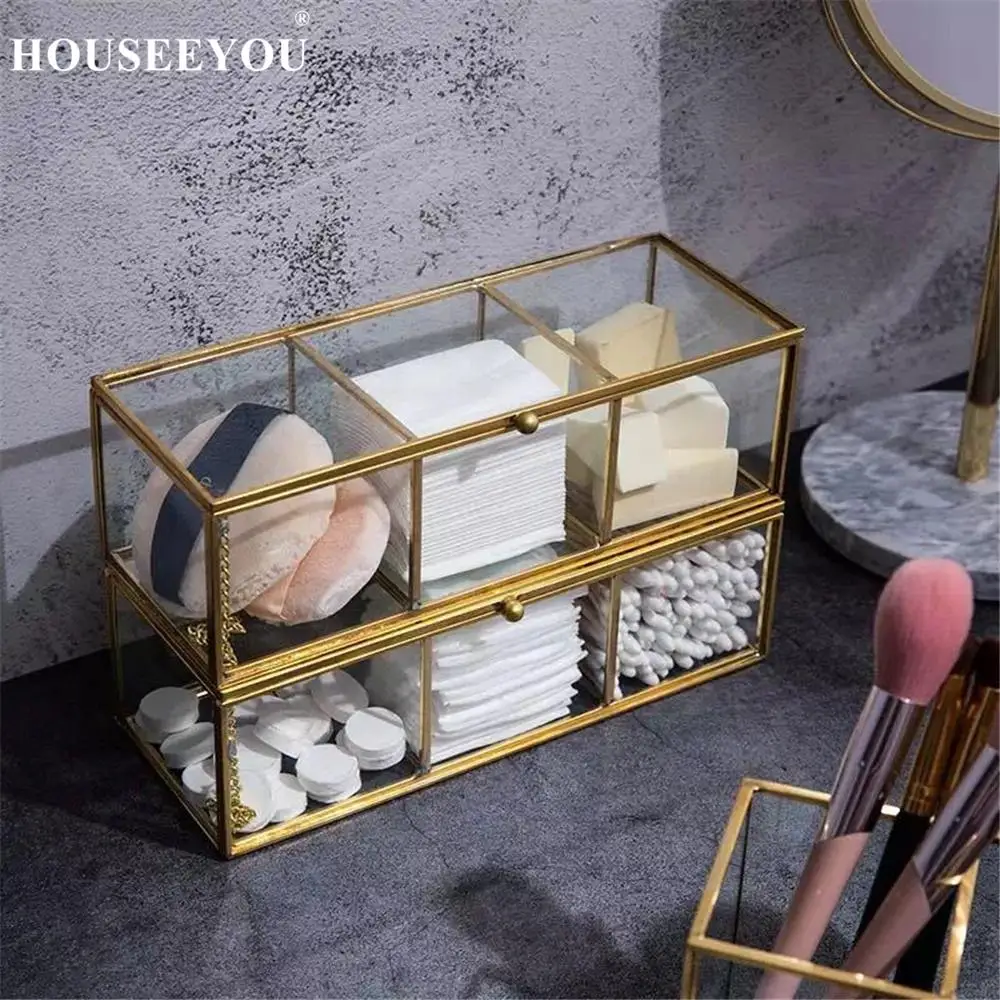 

Retro Copper Edge Glass Cotton Box Lipstick Cosmetic Jewelry Storage Box Transparent Gold Bronze Makeup Organizer Bathroom Rack