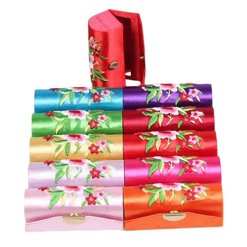 

NEW-Retro cloth Embroidered Flower Design Lipstick Case Holder Box with Mirror