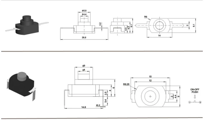 High power LED flashlight switch Self Locking Rectangular Push Button Switch Bending 2Pin 18x12 mm KAN-15 1208YD 16340