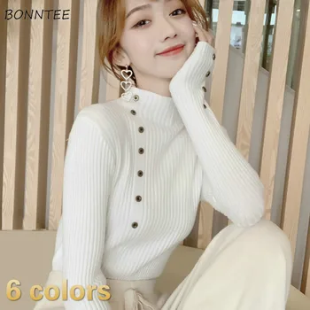 

Pullovers Women Irregular Buttons Turtleneck Collar Long Sleeve High Quality Knitting Warm Slim Bodycon Office Lady Daily Womens