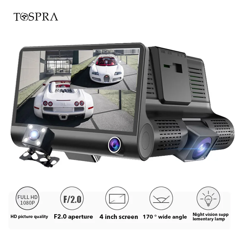 TOSPRA 4 0 дюймов Видеорегистраторы для автомобилей 3 Камера Full HD 1080P Двойной объектив