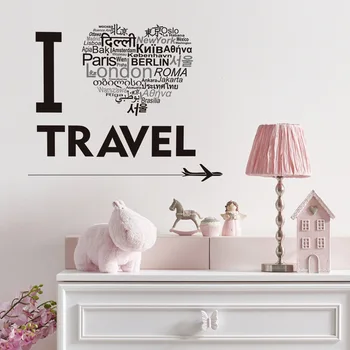 

Black I Love Travel Multi-country Text Wall Stickers for Bedroom Living room Kids room Home Decor Removable Wall Decals