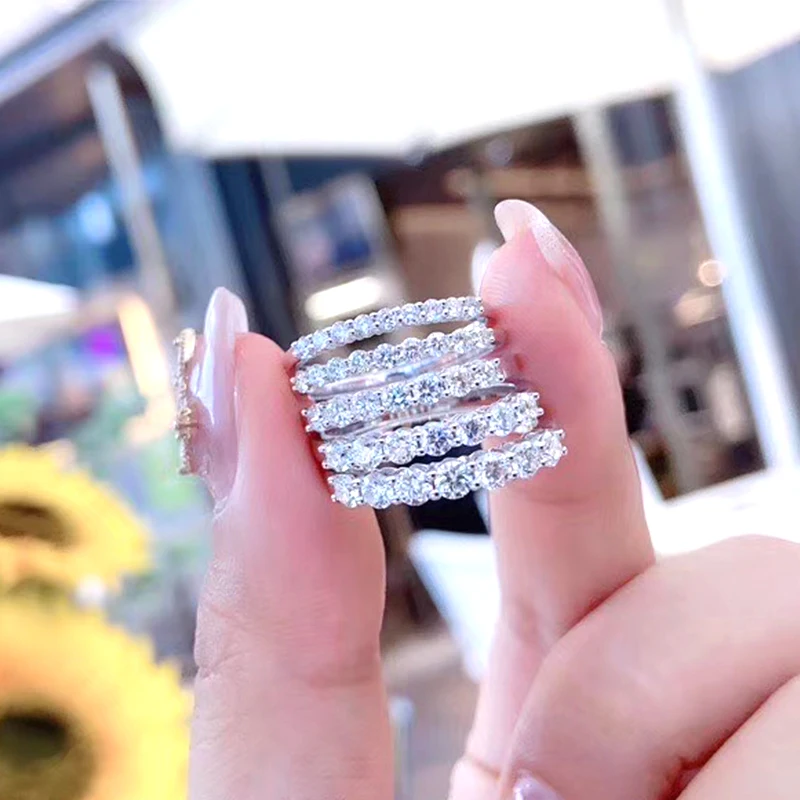 LUOWEND 100% 18K White Gold Ring Wedding Band anillos mujer Classic Row Bague Real Natural Diamond Ring for Women Wedding