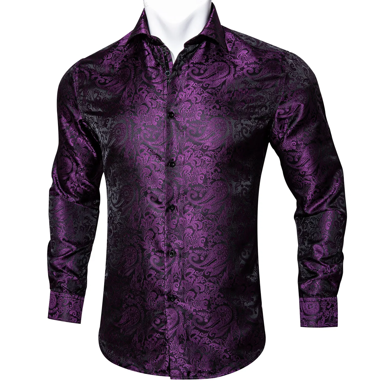 Barry.Wang Purple Paisley Floral Silk Shirts Men Autumn Long Sleeve Casual  Flower Shirt For Men Designer Fit Dress Shirt BCY-09