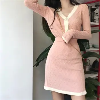 

2019 Fall V-Neck Solid Knitted Two-Piece Set Single Breasted High Waist Plaid Cardigan And Mini Skirt Two-Piece Outfits