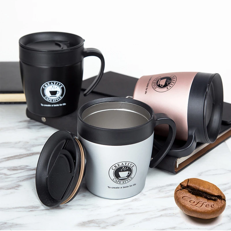 

350ml Stainless Steel Coffee Mug with Spoon Tea Water Milk Mugs Travel Coffee Tumbler Drinking Insulation Cup with Lid Handle