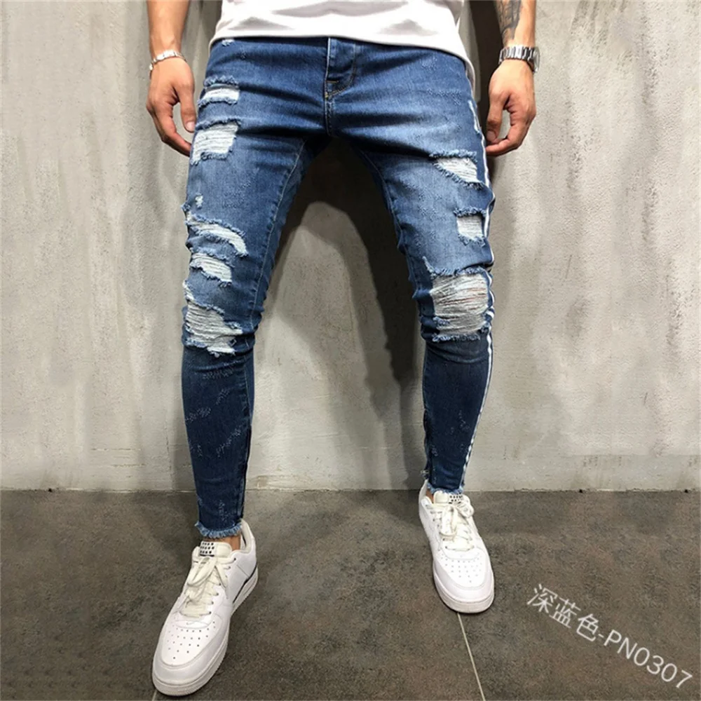 EH·MD® Side Double Striped Jeans Men's Hole Zipper Calf Trousers Slim Four-color Cotton Slim Skinny Breathable Comfortable 2020