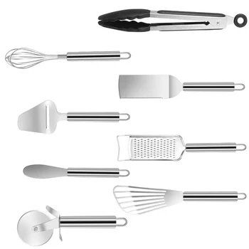 

Stainless Steel Kitchen Utensils Set Non-Stick Kitchen Durable Cookware Best Kitchen Cooking,8 Pieces with Pizza Cutter-Whisk Ki