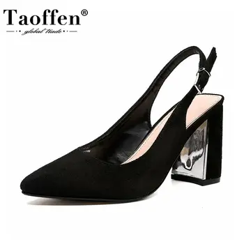 

Taoffen New Women Sandals Shoes Fashion Slingbacks Pointed Toe Shoes Women Solid Square High Heels Office Footwear Size 36-41