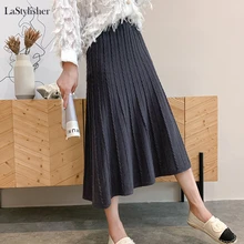 LaStylisher плиссированная юбка миди для женщин на осень и зиму, женская трикотажная юбка с высокой талией, черные плиссированные юбки для женщин в Корейском стиле