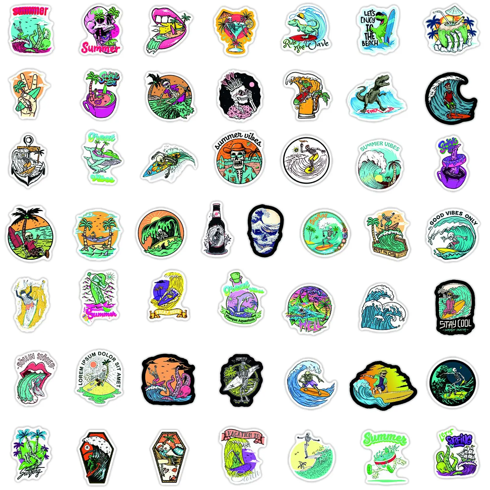 10/30/50pcs Funny Summer Skull Surfing Stickers Beach Travel Graffiti Surf Sticker for Surfboard Laptop Car Bicycle Water Bottle