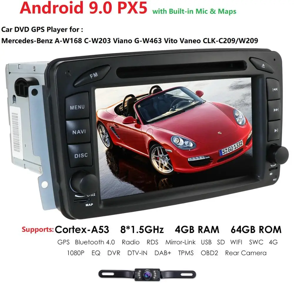 2DIN Android 9.0PX5 Octa core 4GRAM+ 64 GRAM gps навигация для Mercedes-Benz A-W168 C-W203Viano VitoW209Support SWC WiFi