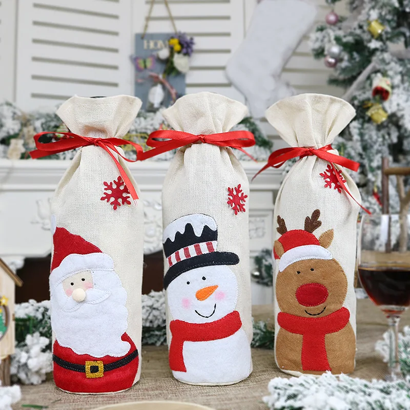 Рождественские украшения для дома, набор флаконов для вина, Снеговик на Рождество, лося, пакет для красного вина, Рождественский Новогодний