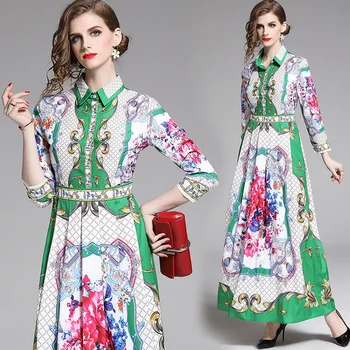 

2020 Spring Summer Fall Runway Fashion Vintage Floral Print Long Sleeve Women Office Lady Party Casual A-Line Maxi Beach Dresses