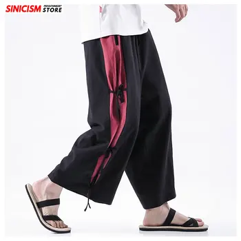 

Sinicism Store 2020 Men New Cotton Linen Casual Pants Men's Vintage Wide Leg Pants Male Autumn Oversize Button Full Length Pants