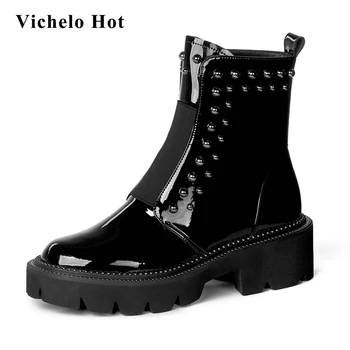 

Vichelo Hot short boots natural leather stretch rivet decorations platform round toe high heel slip on coolest ankle boots L93