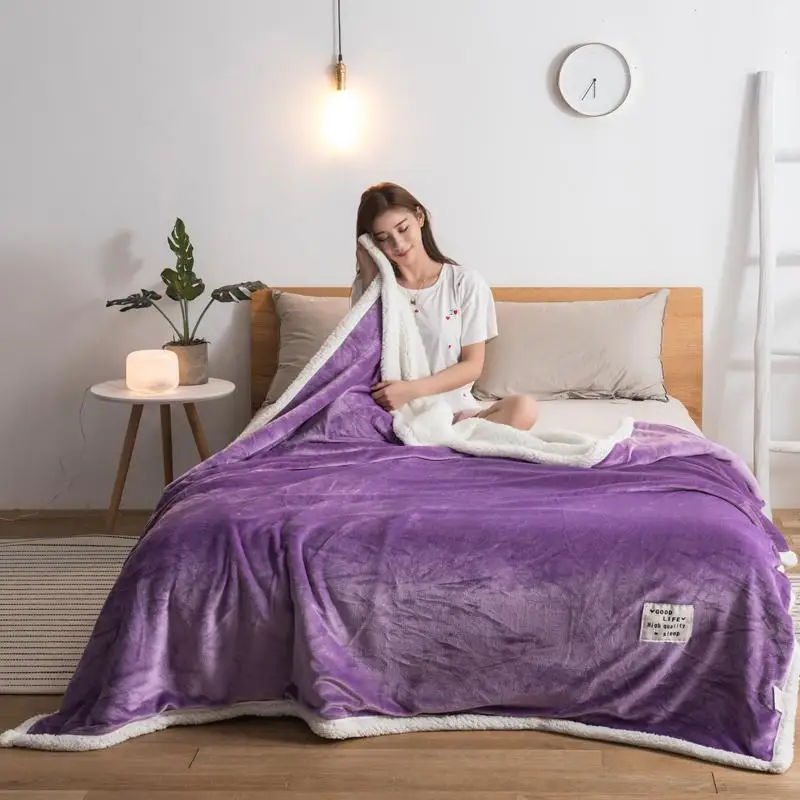 32 Lambskin Large Warm Thick Christmas Throw Blanket Coverlet Reversible Fuzzy on the sof/Bed Cover purple white solid blankets | Дом и сад