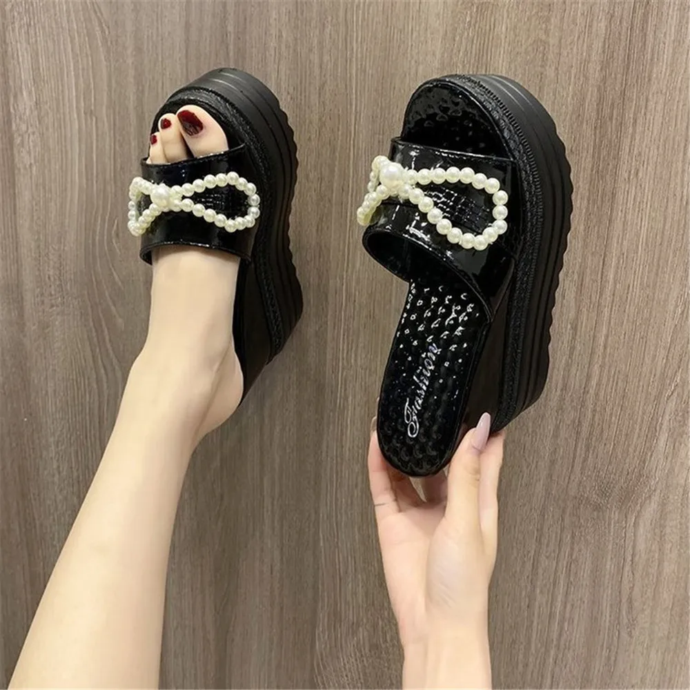 

Summer White Pearl Sandals Slippers Women Outside Beach Slides Ladies Wedge Platform Slippers Open Toe 11 CM High Heels Shoes