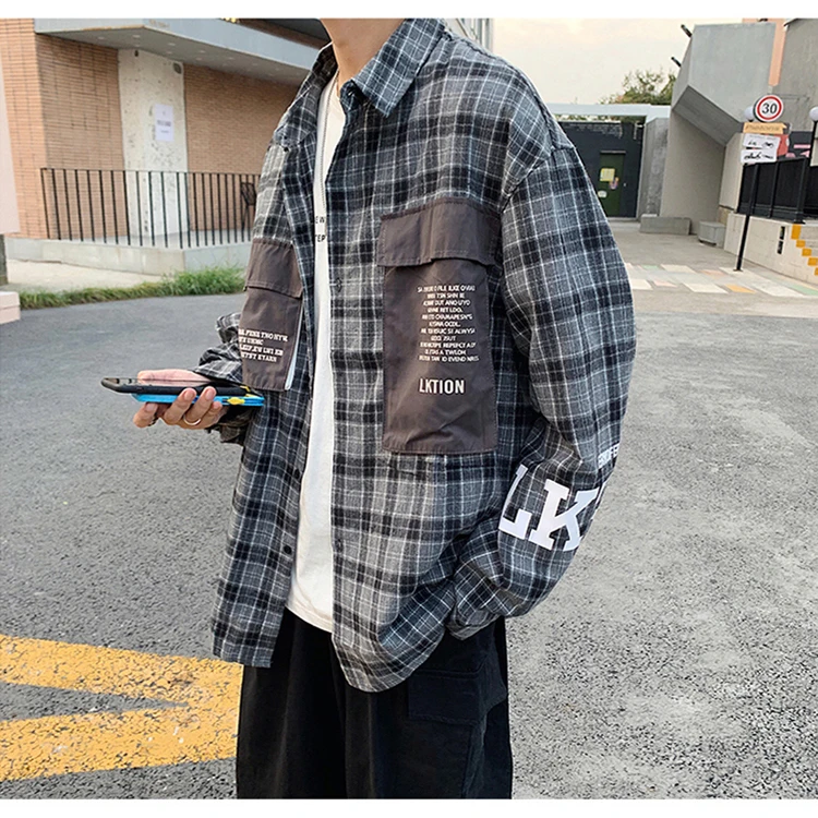 LAPPSTER Мужская Уличная Harajuku клетчатая рубашка карманы хип хоп мужские рубашки с длинным рукавом Пара Черная кнопка вверх негабаритная рубашка