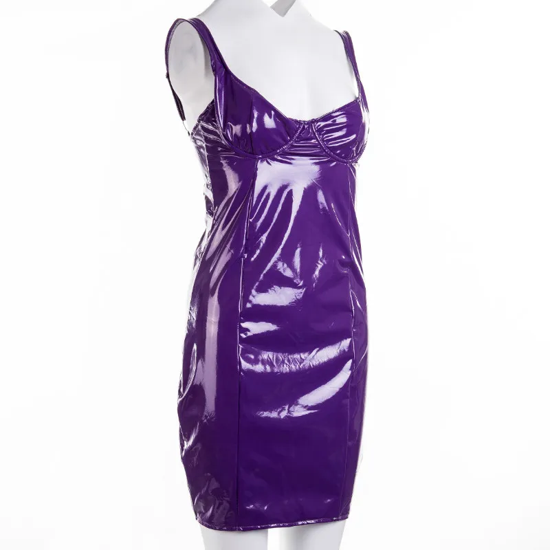 Женское латексная искусственная кожа облегающее мини платье осень без рукавов на бретелях сексуальное Клубное платье vestido