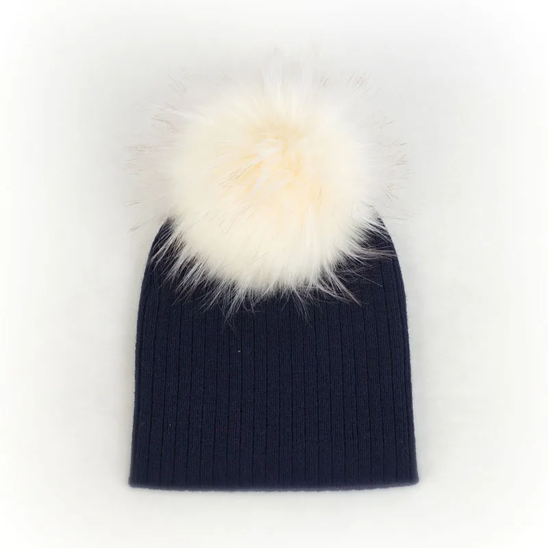 Navy7 Autumn Winter Newborn Baby Girls Boys Kids Soft Cute Wool Hats Solid Color Ribbed Beanies Hats with Faux Fur Pompom Baby Hat - Цвет: Navy7
