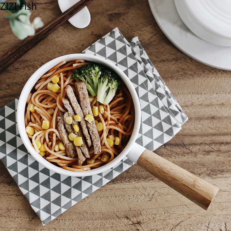 Белая Чаша Ramen в японском стиле с длинной ручкой, керамическая фруктовая Салатница, большая суповая миска, столовая посуда для ресторана