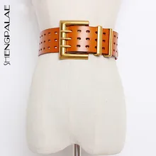 SHENGPALAE-Cinturón de piel auténtica con hebilla de Metal para mujer, cinturón ancho de marca de diseñador, PE153, 2021
