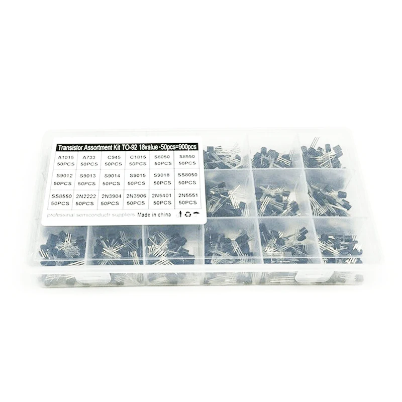 18Values 900Pcs TO 92 Transistor Assortment Kit A1015 2N2222 C1815 S8050 2N3904 2N3906 S9012 NPN PNP Transistors Set