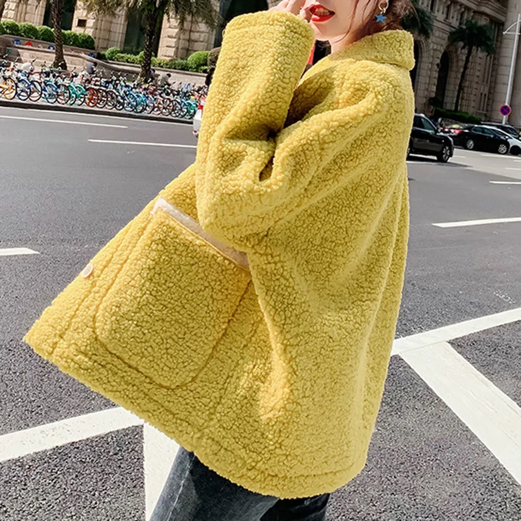 Women Winter Warm Solid Long Sleeve Turn Down Collar Coats Tops Blouse шуба дубленка женская fur coat Women